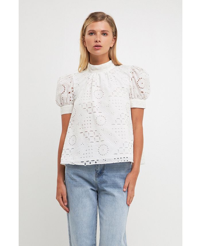 English Factory Women's Broderie Anglaise Puff Sleeve Top - Macy's