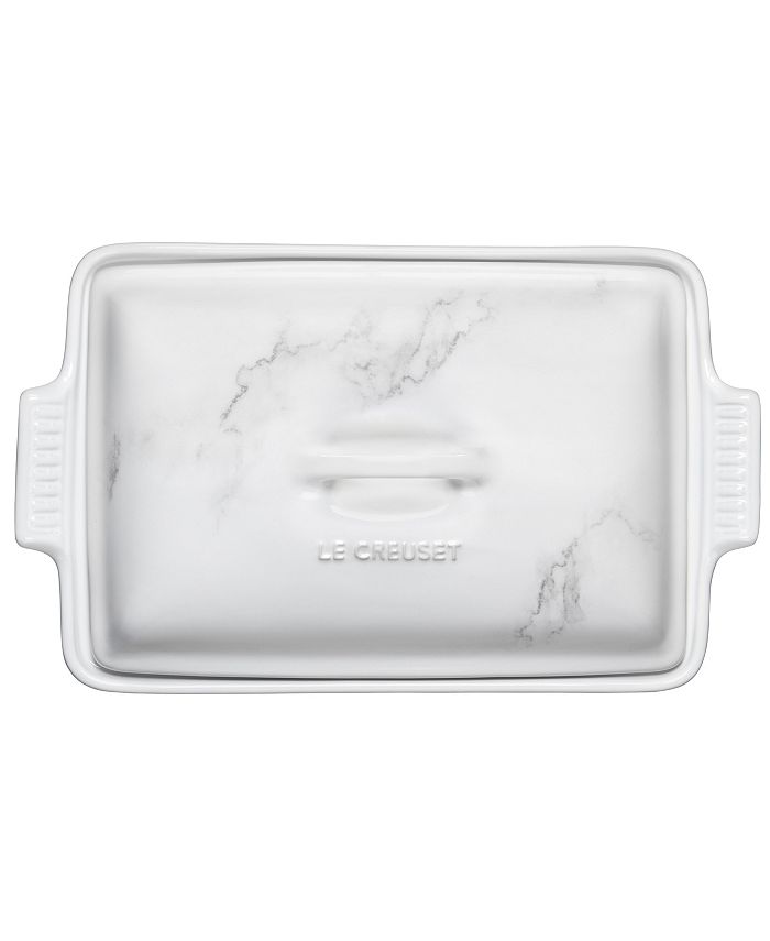 Le Creuset 4 Quart Stoneware Covered Rectangular Casserole with Marble Applique - White - 4.5 Quart