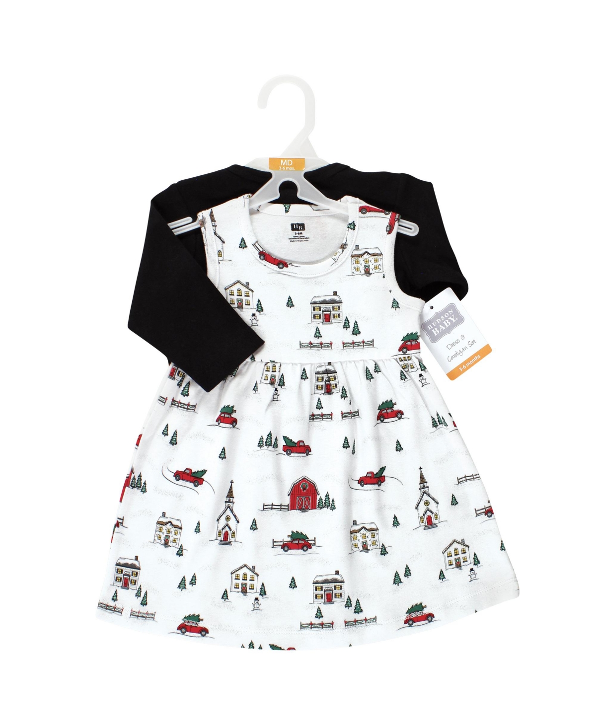 Hudson Baby Toddler Girls Cotton Dress and Cardigan 2pc Set,- Christmas scene