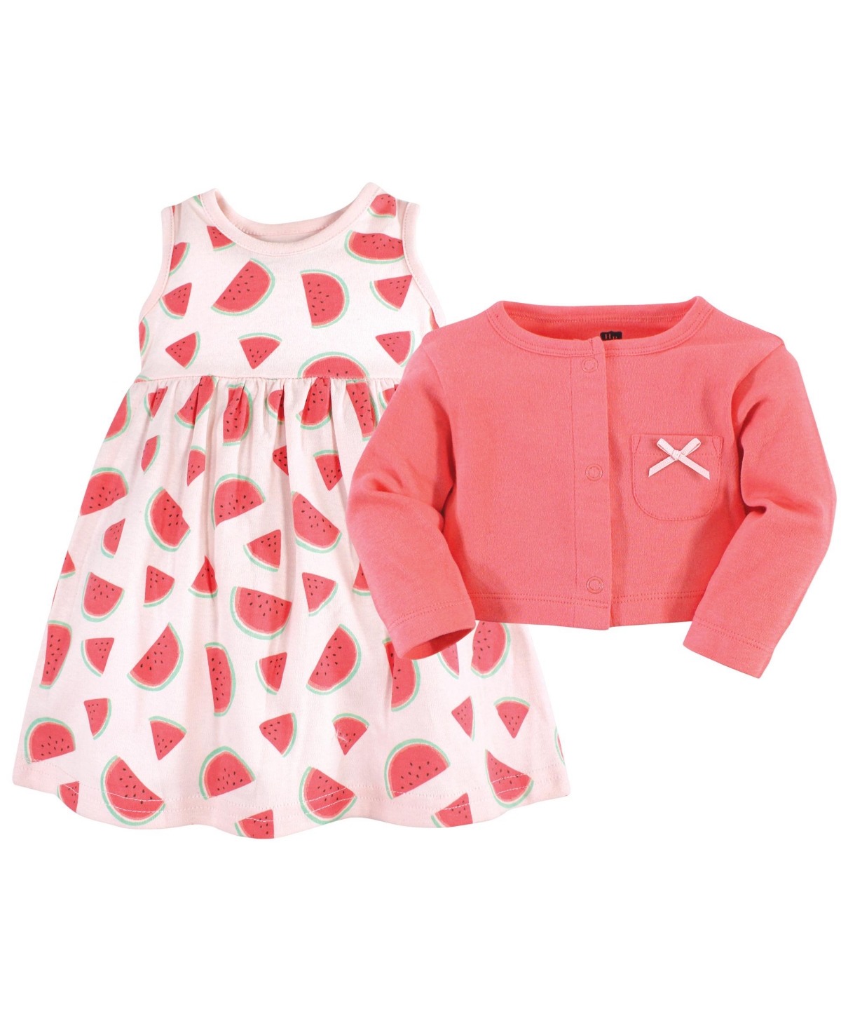 Hudson Baby Toddler Girls Cotton Dress and Cardigan 2pc Set, Coral Watermelon