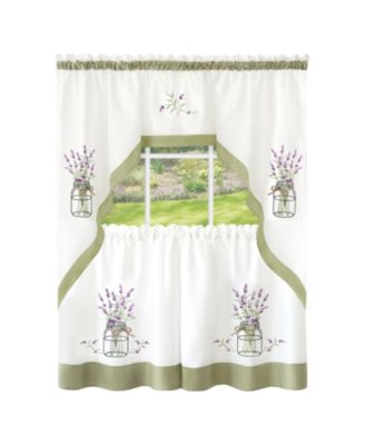 Montauk Accents Lavender Floral Embellished Complete 3 Piece Kitchen Curtain Tier & Valance Set