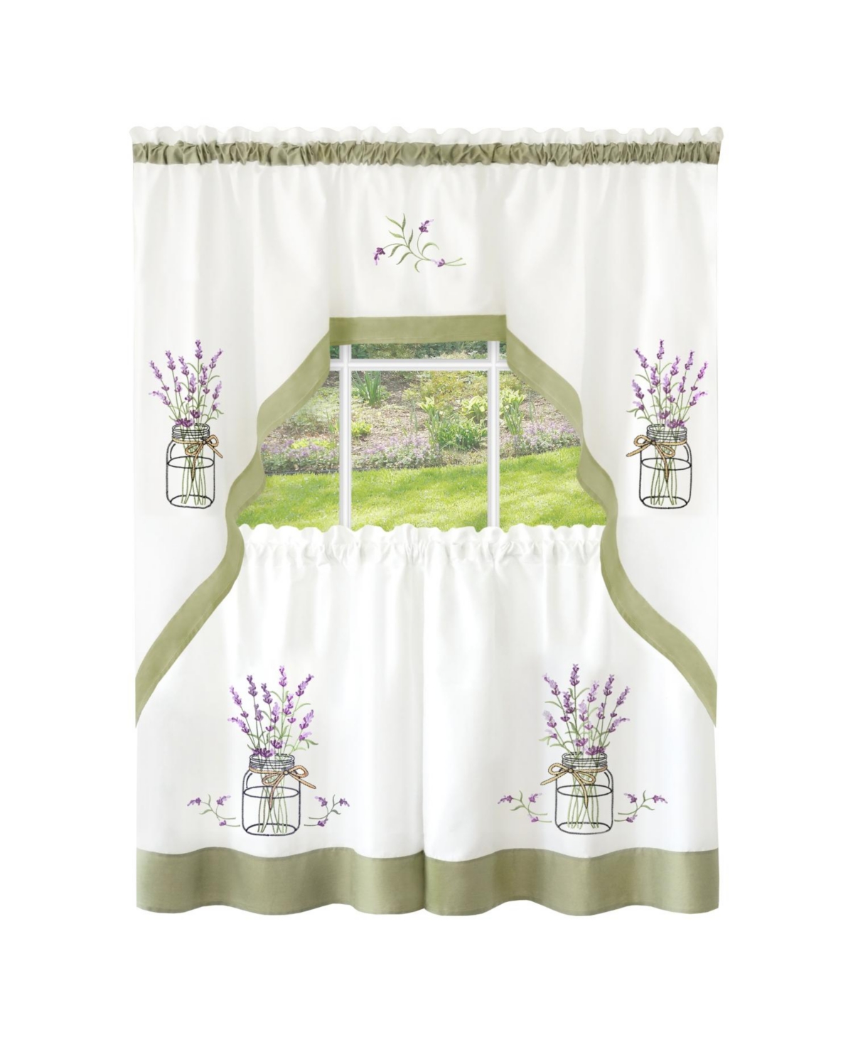 Kate Aurora Montauk Accents Lavender Floral Embellished Complete 3 Piece Kitchen Curtain Tier & Valance Set