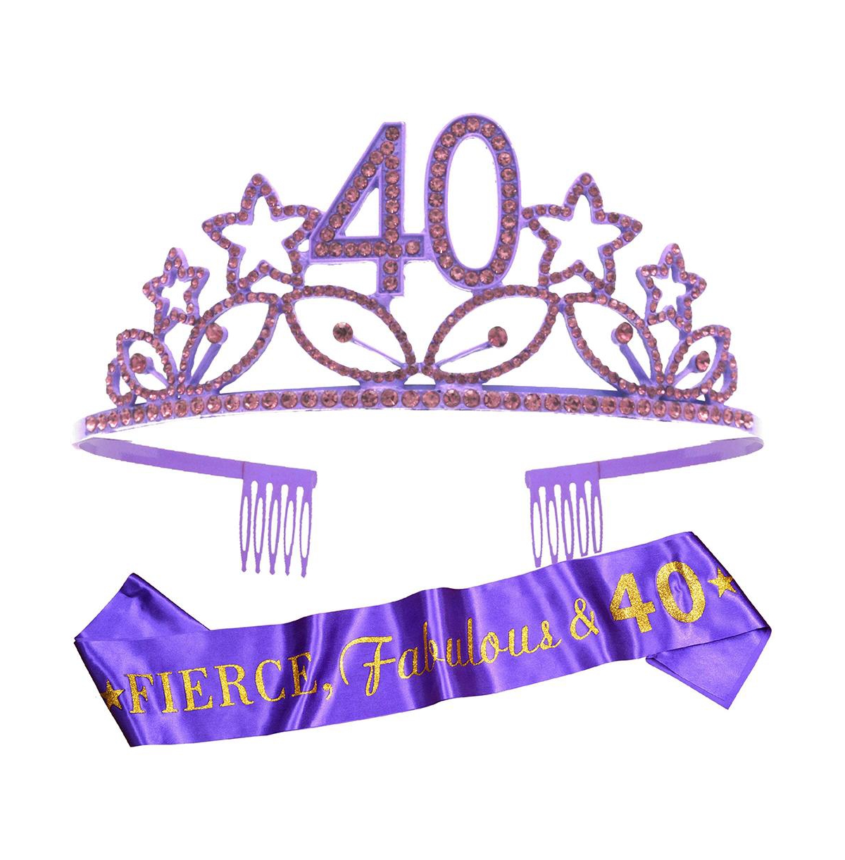 40th Birthday Sash and Tiara Set for Women - Glittery Purple Sash with Stars and Rhinestone Premium Metal Tiara, Perfect for Celebrating Her 40th Birt