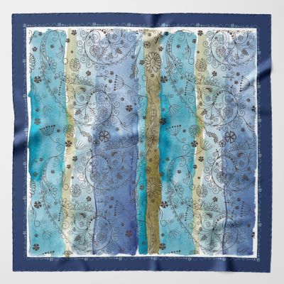 Teal Silk Scarf - Floral Print Made in Italy - Elizabetta