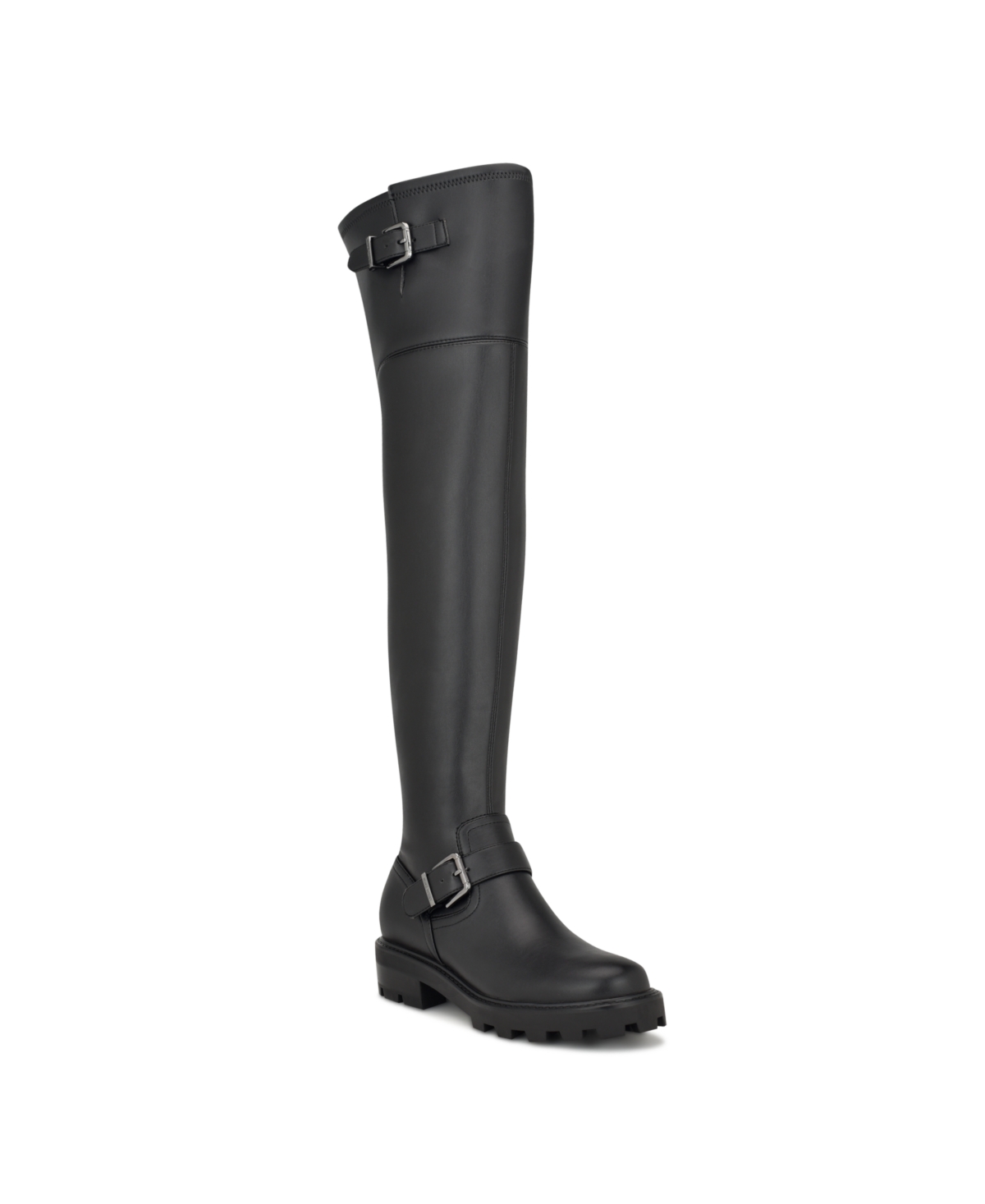 Women's Nans Lug Sole Casual Over the Knee Boots - Black Smooth - Faux Leather - Polyuretha
