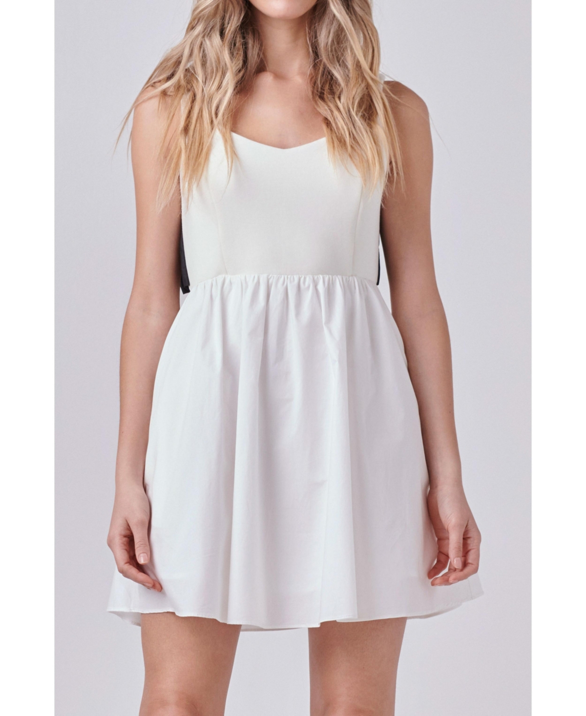 Endless Rose Contrast Back Bow Poplin A-line Dress In Ivory/black