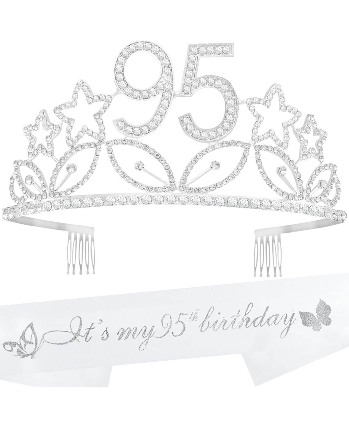95th Birthday Sash and Tiara Set for Women - Glittery Sash with Stars and Silver Rhinestone Metal Tiara, Perfect Gift for 95th Birthday Cel