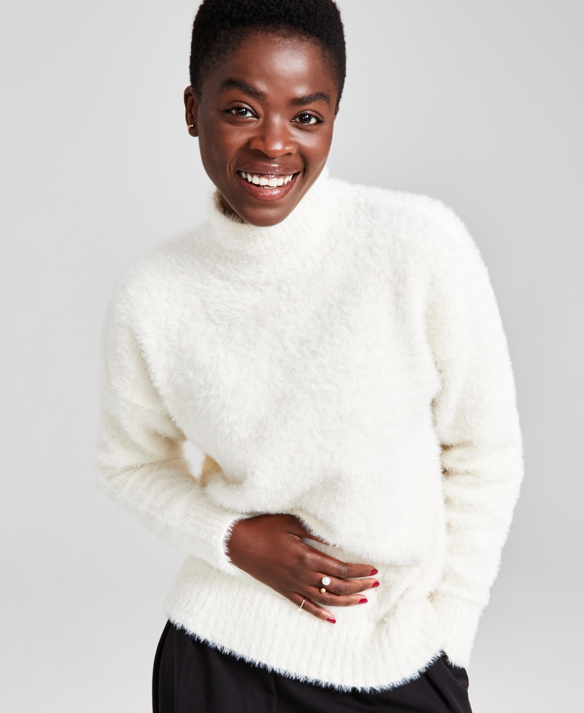 Women's Mockneck Eyelash Sweater, Created for Macy's - Egret