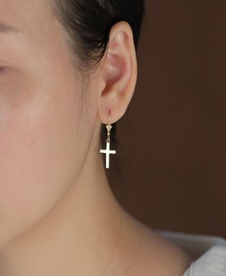 Minimalist Religious Cross Dangle Earrings 14K Gold Plated Sterling Silver