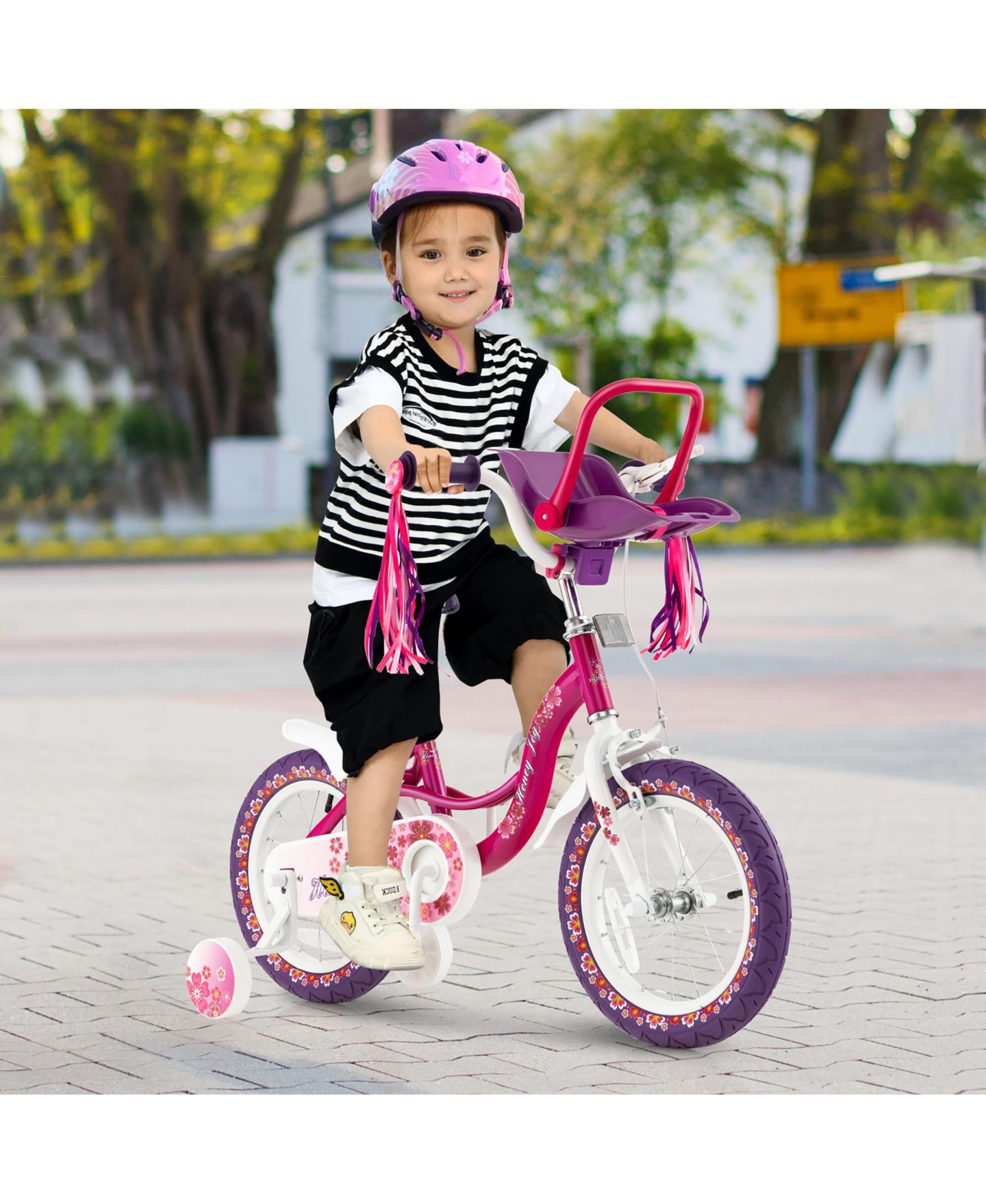 Детская игрушка Costway 14" Kids Girls Bicycle with Training Wheels, Detachable Doll Seat & Adjustable Handlebar, 3–5 лет, цвет: Розовый — фото 2