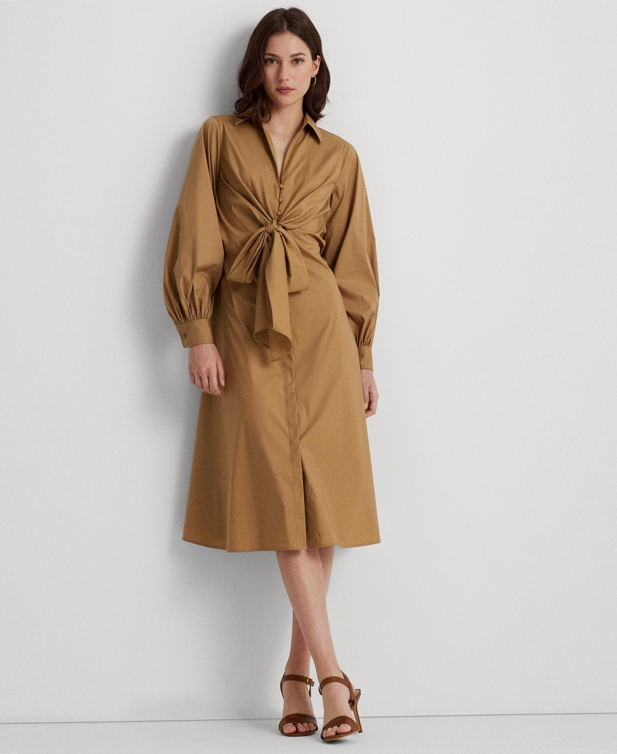 Lauren Ralph Lauren Women\'s Tie-front Cotton-blend Shirtdress In Classic  Camel | ModeSens