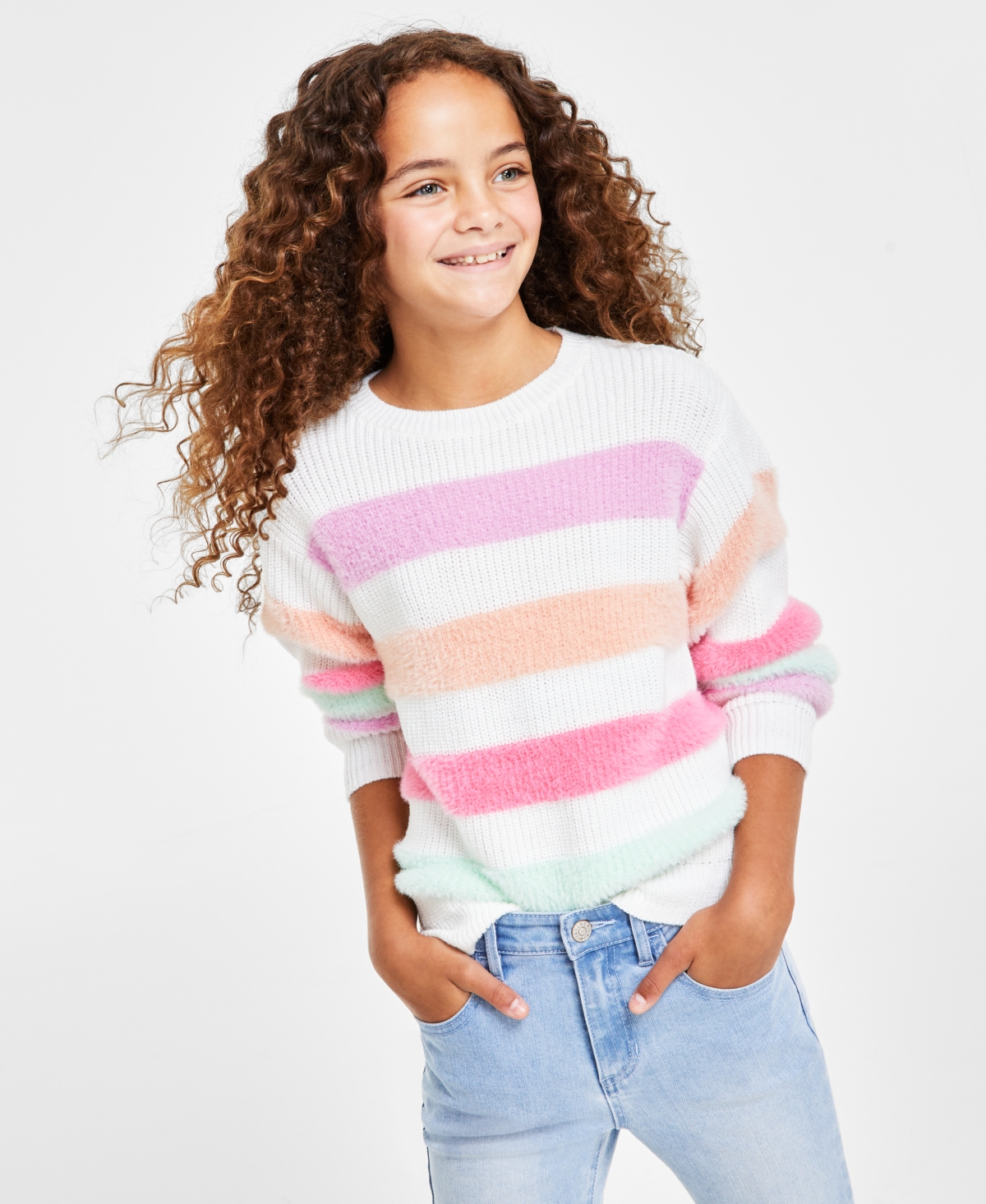 Epic Threads Kids' Big Girls Faux-fur-striped Sweater, Created For Macy's In Angel White