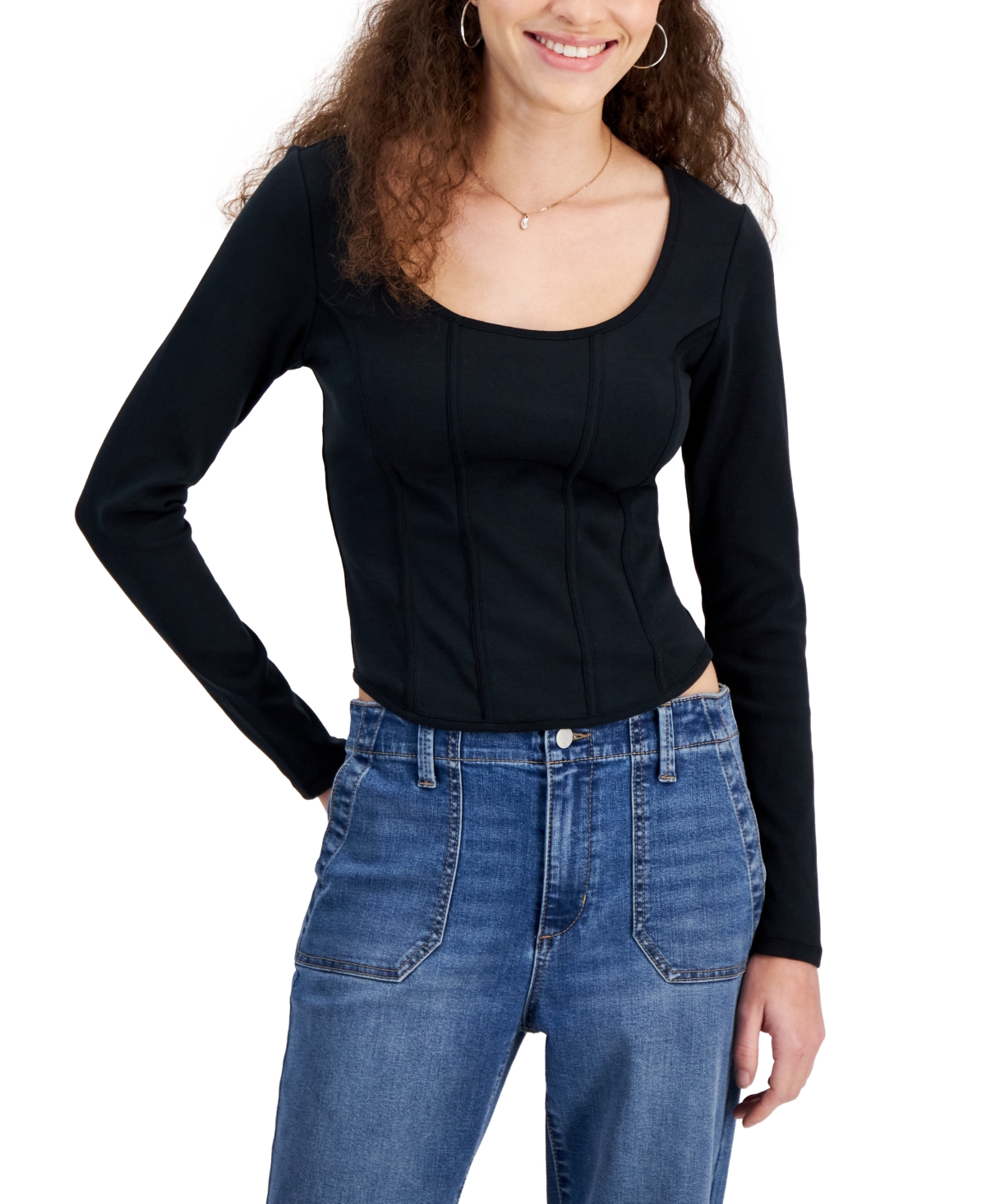 Almost Famous Crave Fame Juniors' Long-Sleeve Corset Knit Top