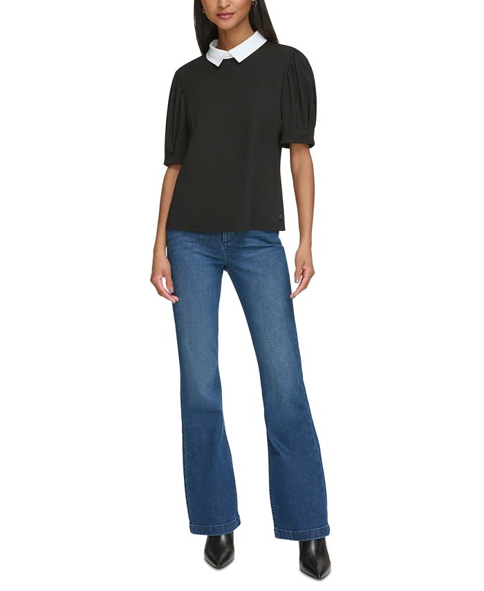 KARL LAGERFELD PARIS Women's Contrast-Collar Knit Top - Macy's