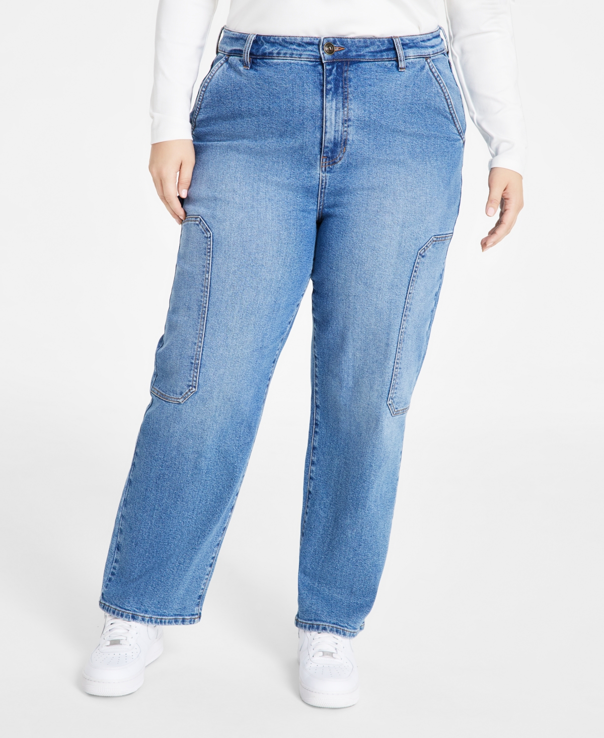 And Now This Plus Size High-rise Wide-leg Cargo Jeans In Medium Wash