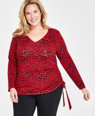 I.N.C. International Concepts - Plus Size Cheetah-Print Drawstring-Side Top