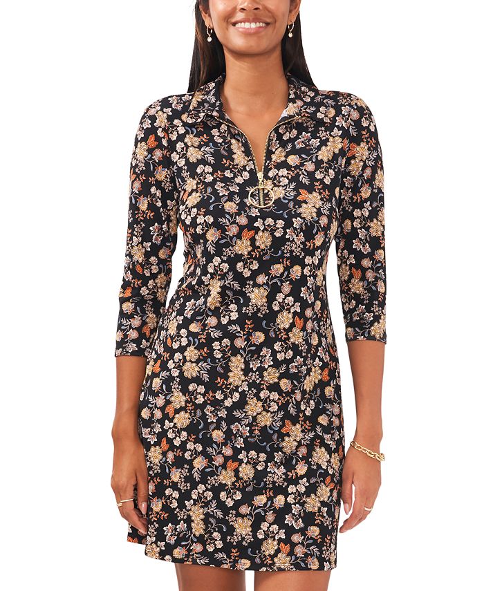Robe MSK Taille 1X – Noire à Motif Floral, Manches 3/4, Coupe Fourreau, Occasion Très Bon état