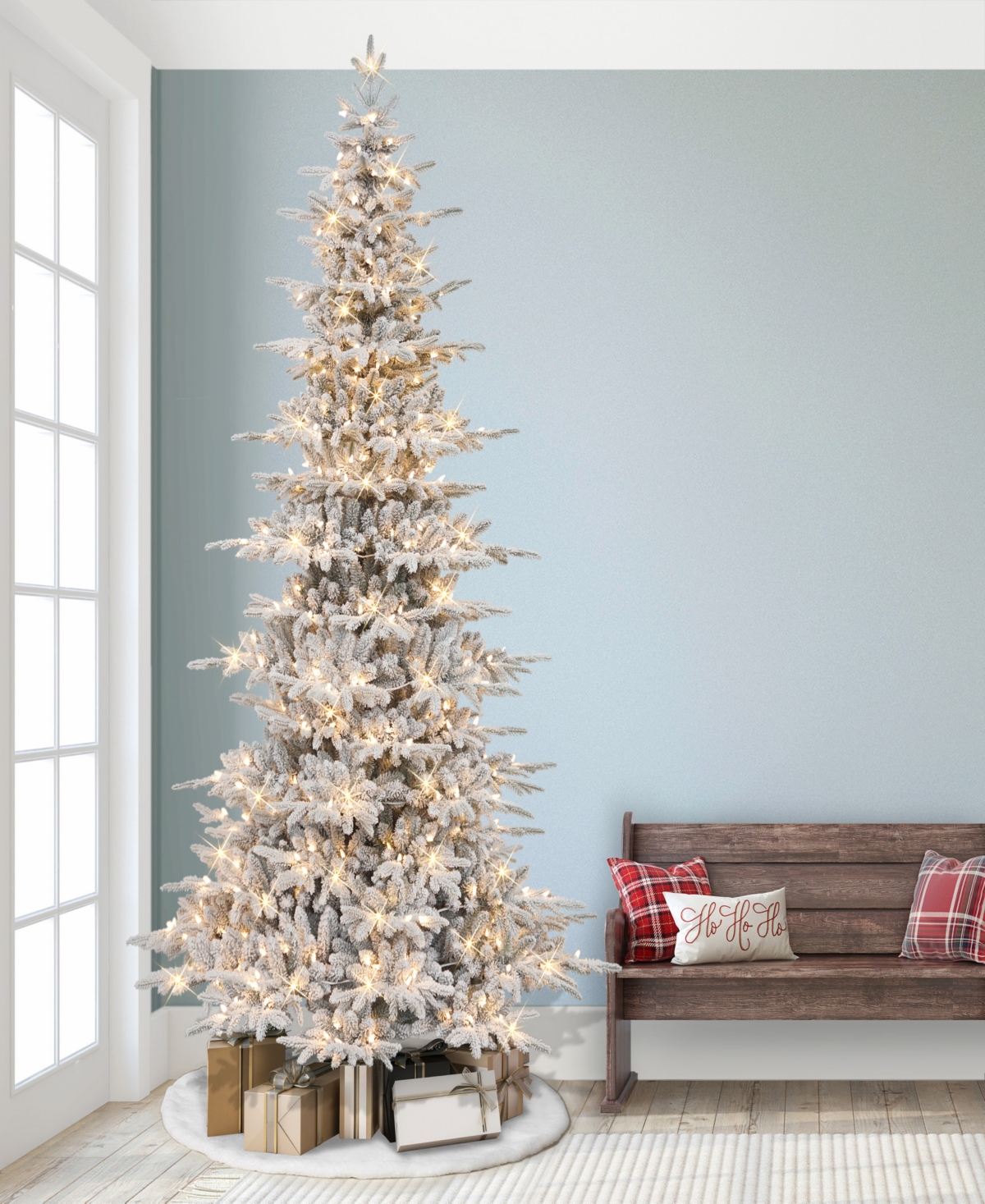 Puleo 9' Pre-lit Slim Flocked Artificial Utah Fir Tree In Green