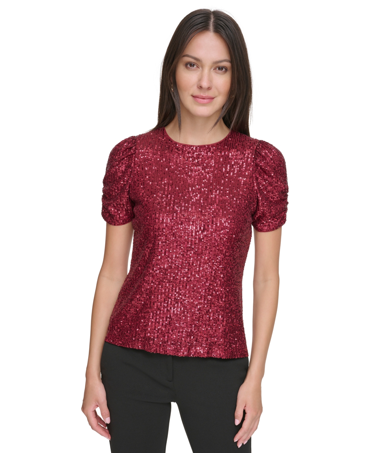 Dkny Women's Puff-sleeve Sequin-embellished T-shirt In Cabernet