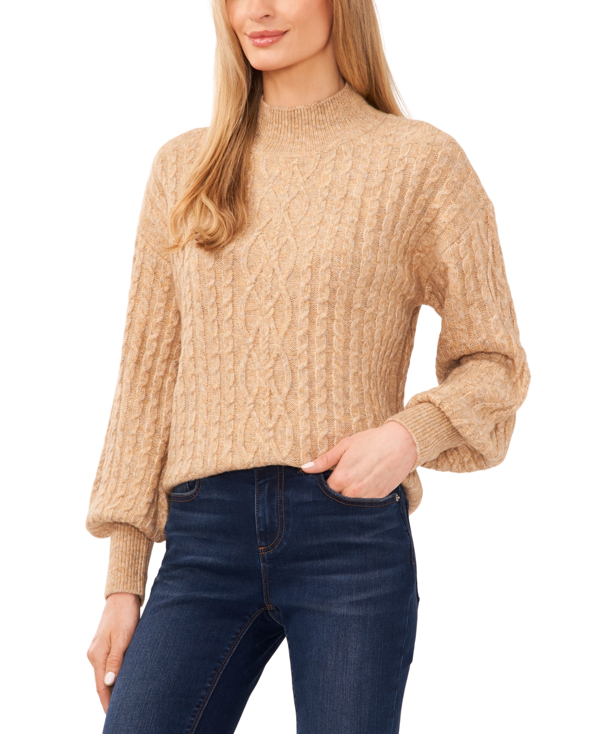 CeCe Women's Cable-Knit Mock Neck Bishop-Sleeve Sweater