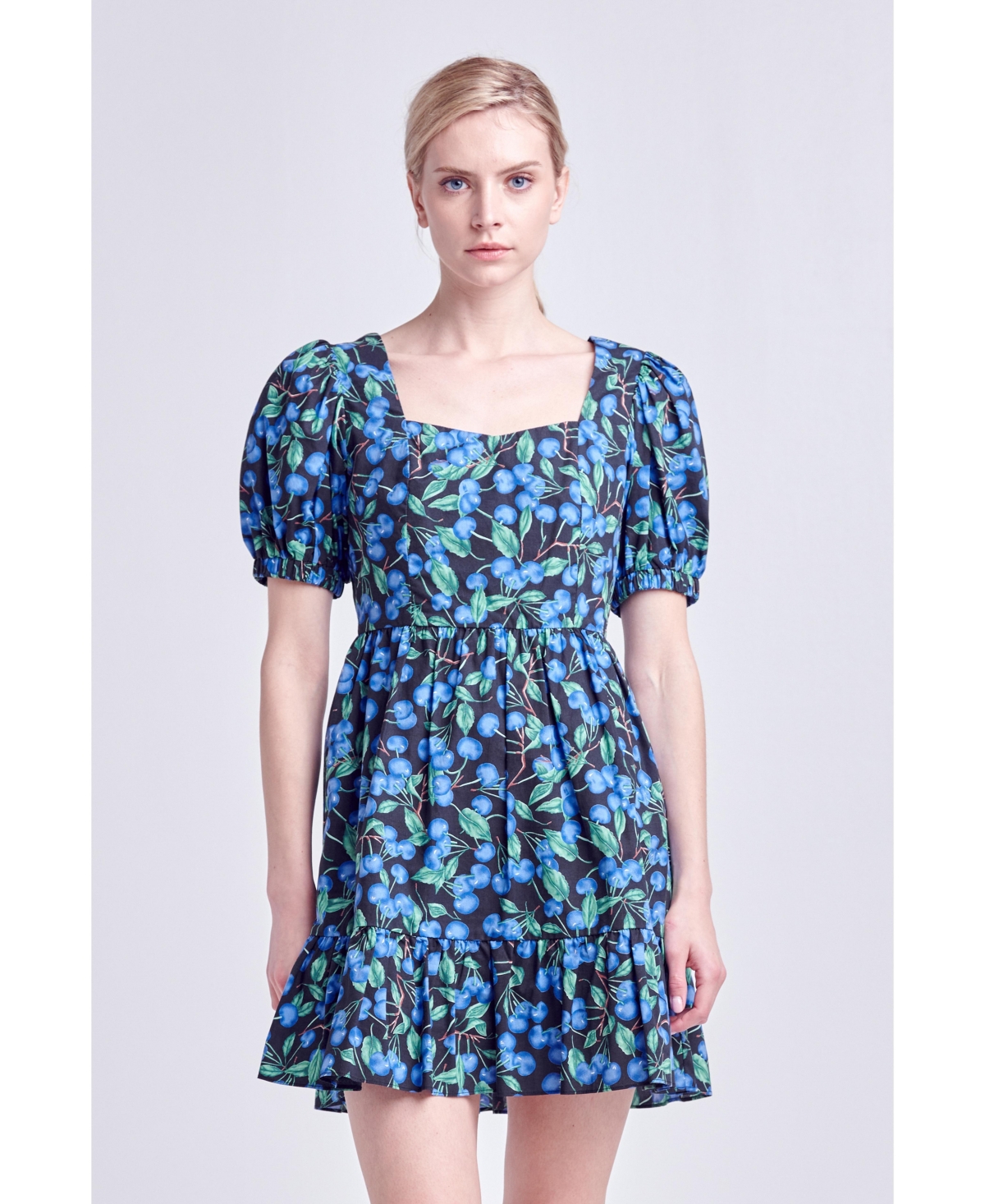 ENGLISH FACTORY WOMEN'S BLUEBERRY PRINT MINI DRESS WITH PUFF SLEEVES