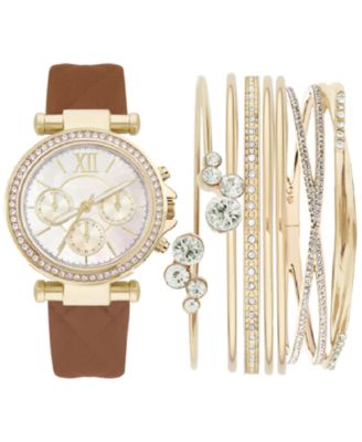 Women's Cognac Leather Strap Watch 36mm Gift Set