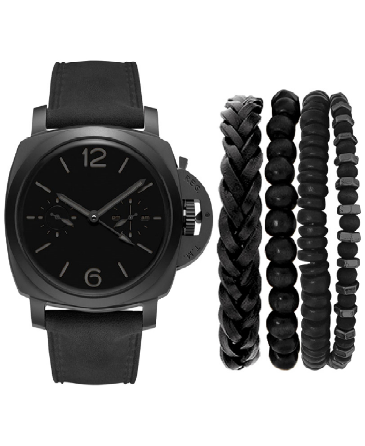 Men's Black Leather Strap Watch 44mm Gift Set - Black