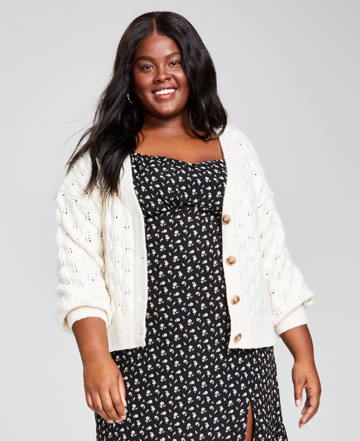 And Now This Trendy Plus Size V-neck Blouson-sleeve Cardigan In Bone