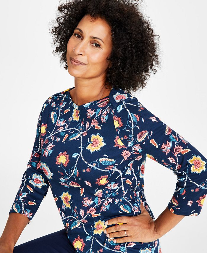 Style & Co Women's Pima Cotton Printed 3/4-Sleeve Top, Created for Macy ...