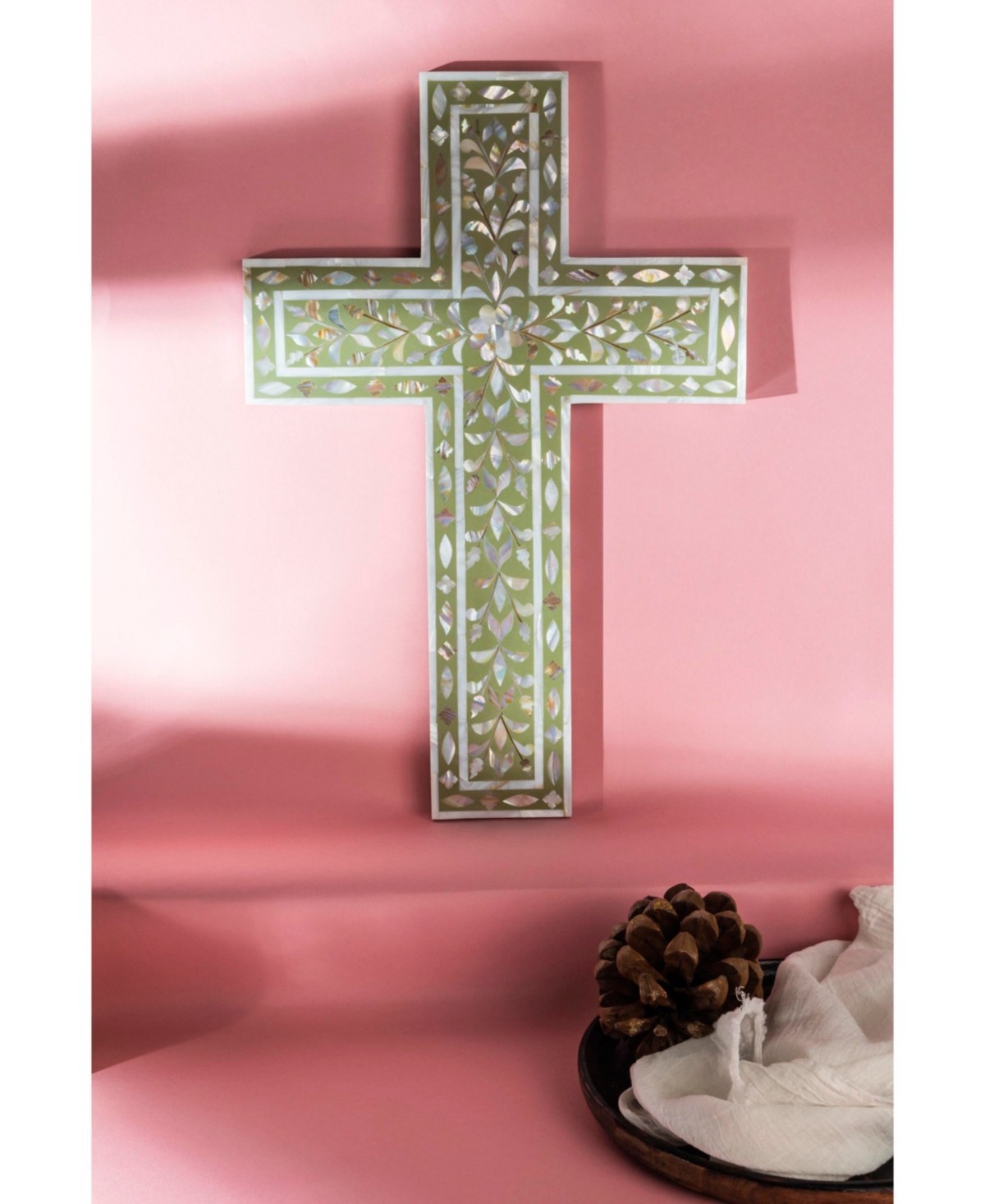 Gauri Kohli Jodhpur Mother of Pearl Decorative Wall Cross -Pastel Green