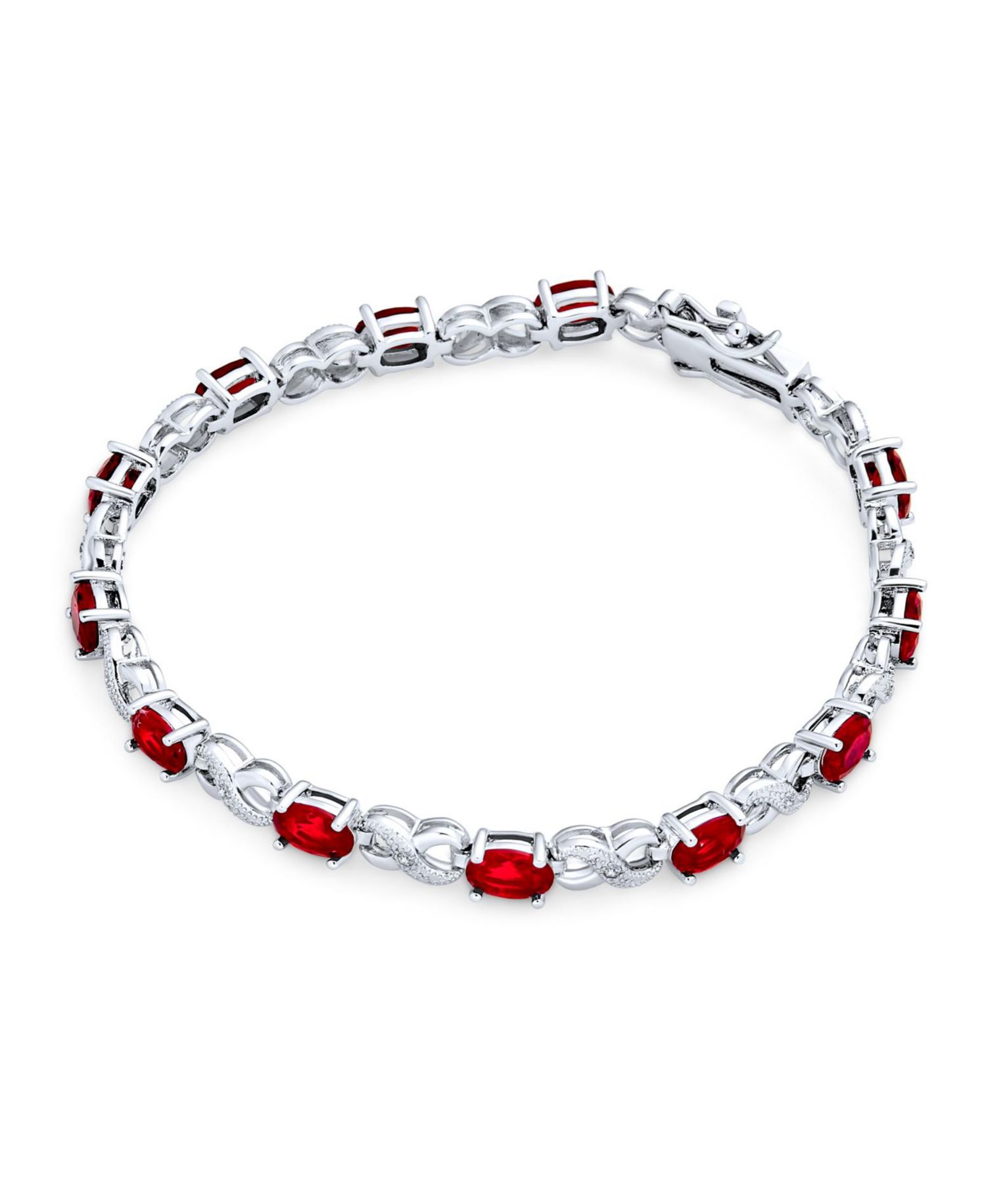Birthstone Dark Pink Color CZ Oval Infinity Tennis Bracelet Silver Plated