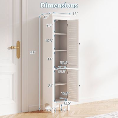 Tall Bathroom Floor Cabinet Narrow Linen Tower with 2 Doors & Adjustable Shelf