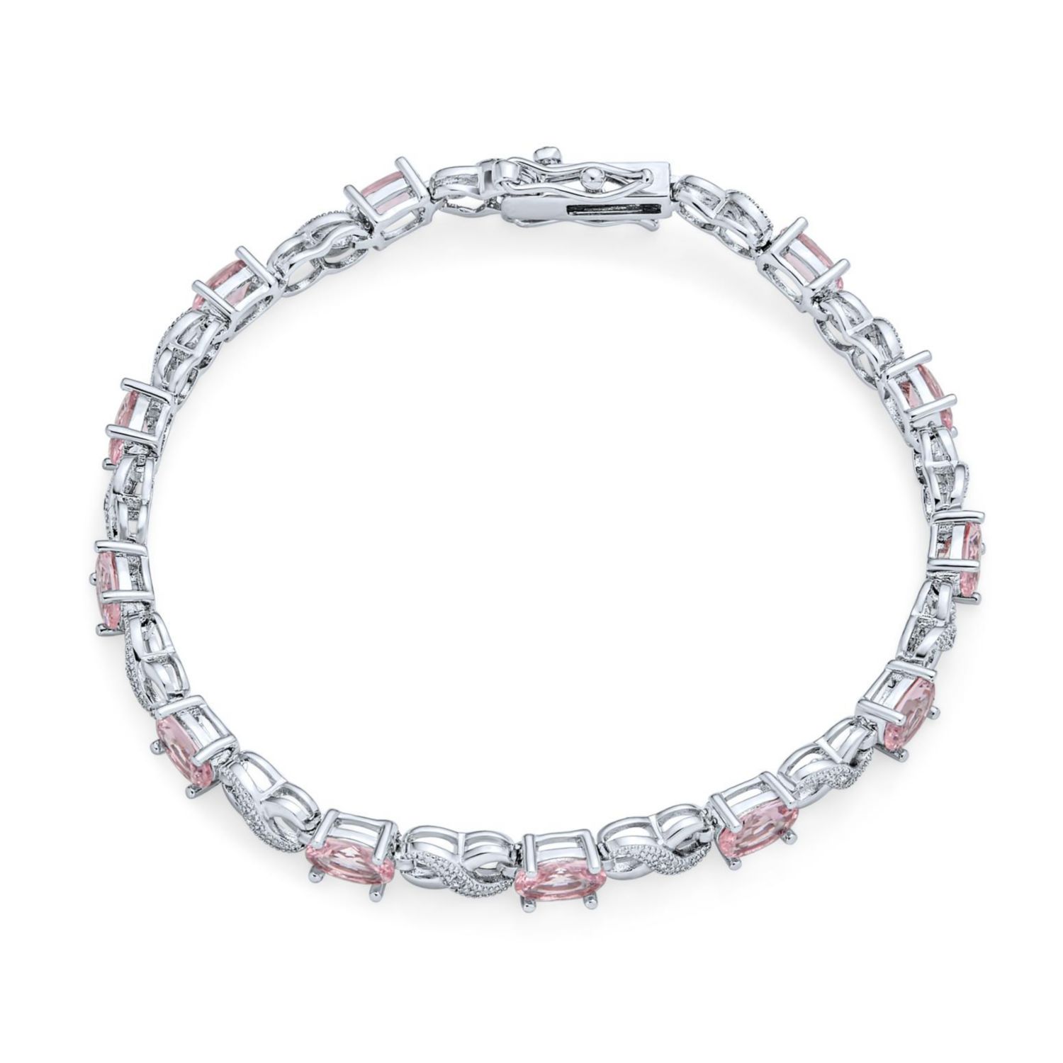Birthstone Dark Pink Color CZ Oval Infinity Tennis Bracelet Silver Plated