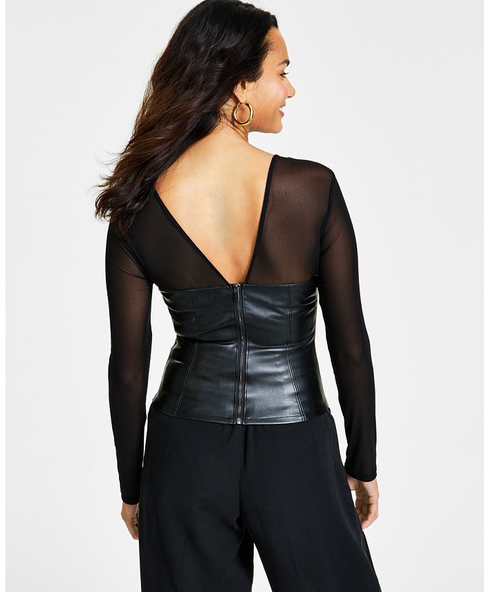 Bar III Women's Mesh & FauxLeather Corset Top, Created for Macy's Macy's