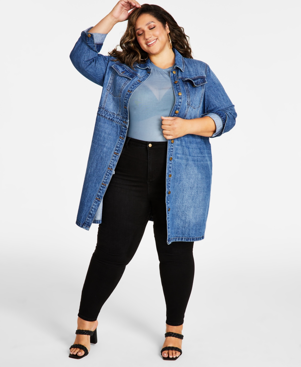 Nina Parker Trendy Plus Size Cotton Long Denim Jacket In Med Blue