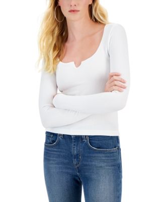 Derek Heart - Juniors' Notched Neckline Ribbed Knit Long-Sleeve Top