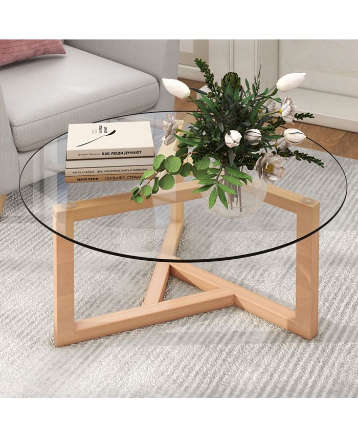 Simplie Fun Round Glass Coffee Table Modern Cocktail Table Easy