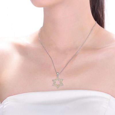 Sterling Silver White Gold Plated Yellow Cubic Zirconia Open Star Necklace