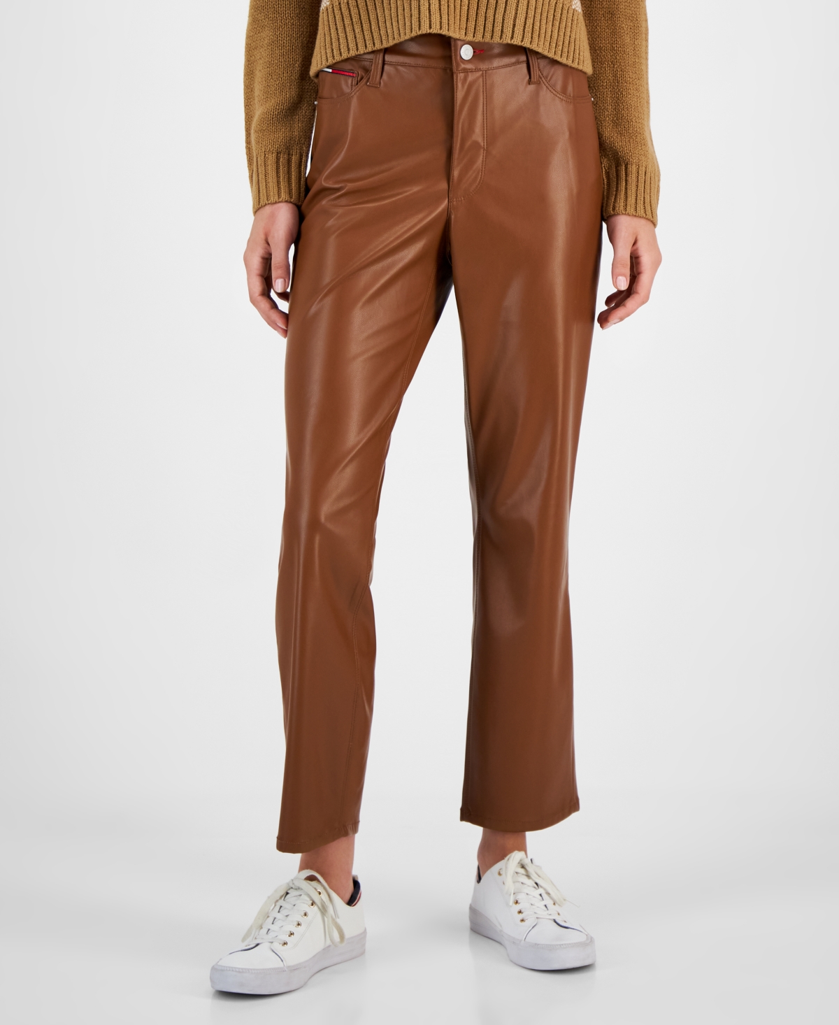 Tommy Jeans Women's Mid-rise Faux-leather Straight-leg Pants In Saddle