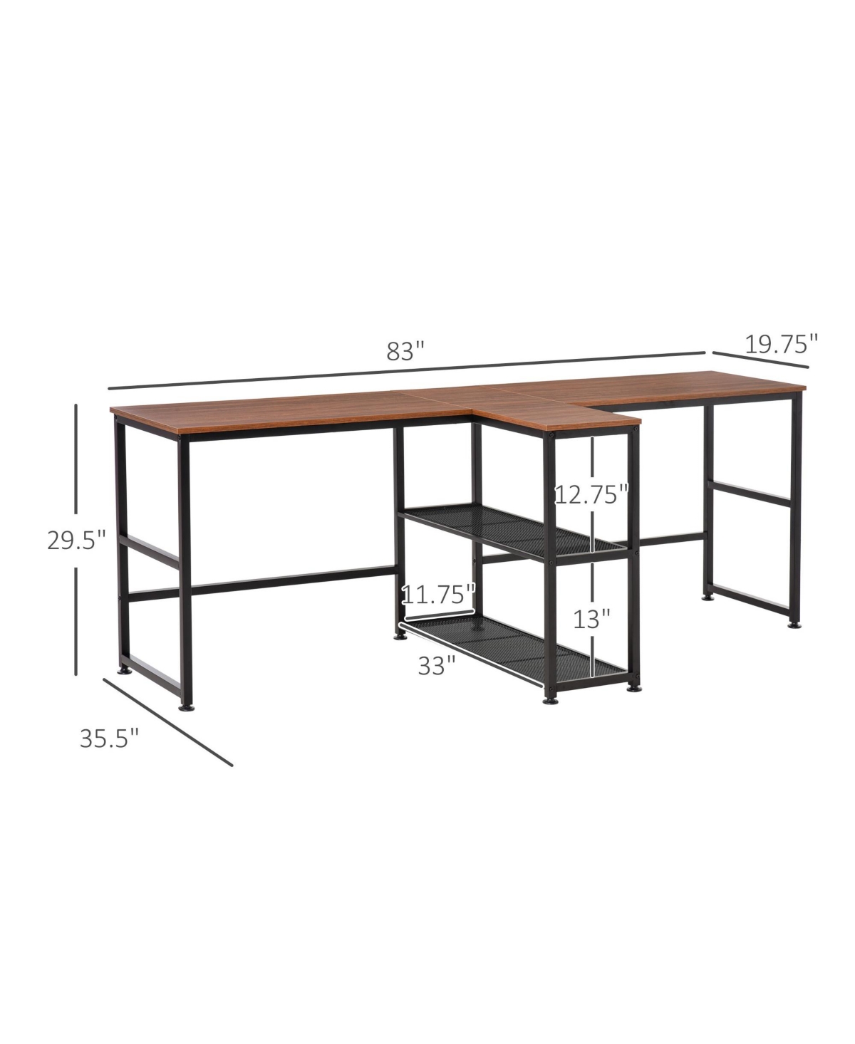 Homcom 83'' Two Person Desk w/ Storage Shelves, Double Computer Table Walnut