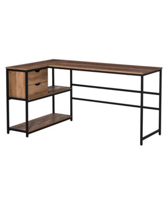 HOMCOM L-Shaped Home Office Computer Desk with Open Storage Shelves ...