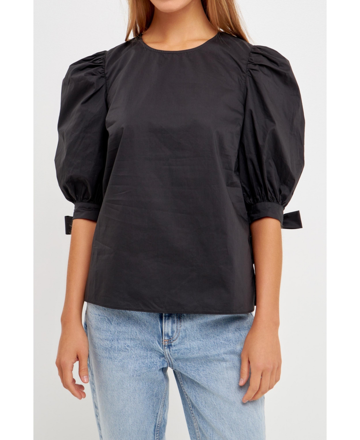 English Factory Bow Banded Puff Sleeve Blouse In Black