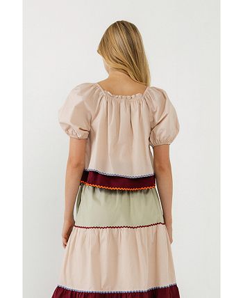 Pre-Order White Colorblock Rickrack Trim Short Sleeve Drawstring Waist Long Dress main image 0