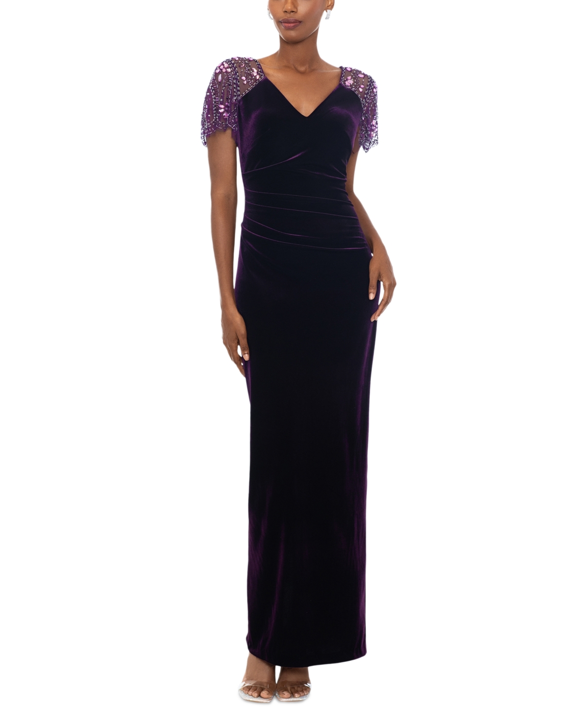 Pleated V-Neck Beaded Maxi Gown With Cap Sleeves Sky Blue