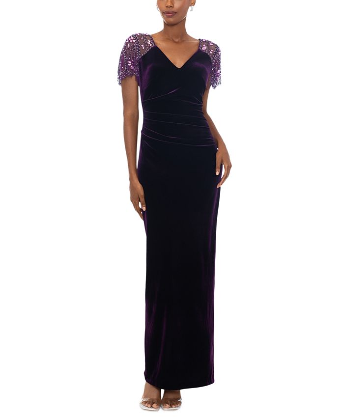 XSCAPE Women s V Neck Beaded Sleeve Velvet Gown Macy s