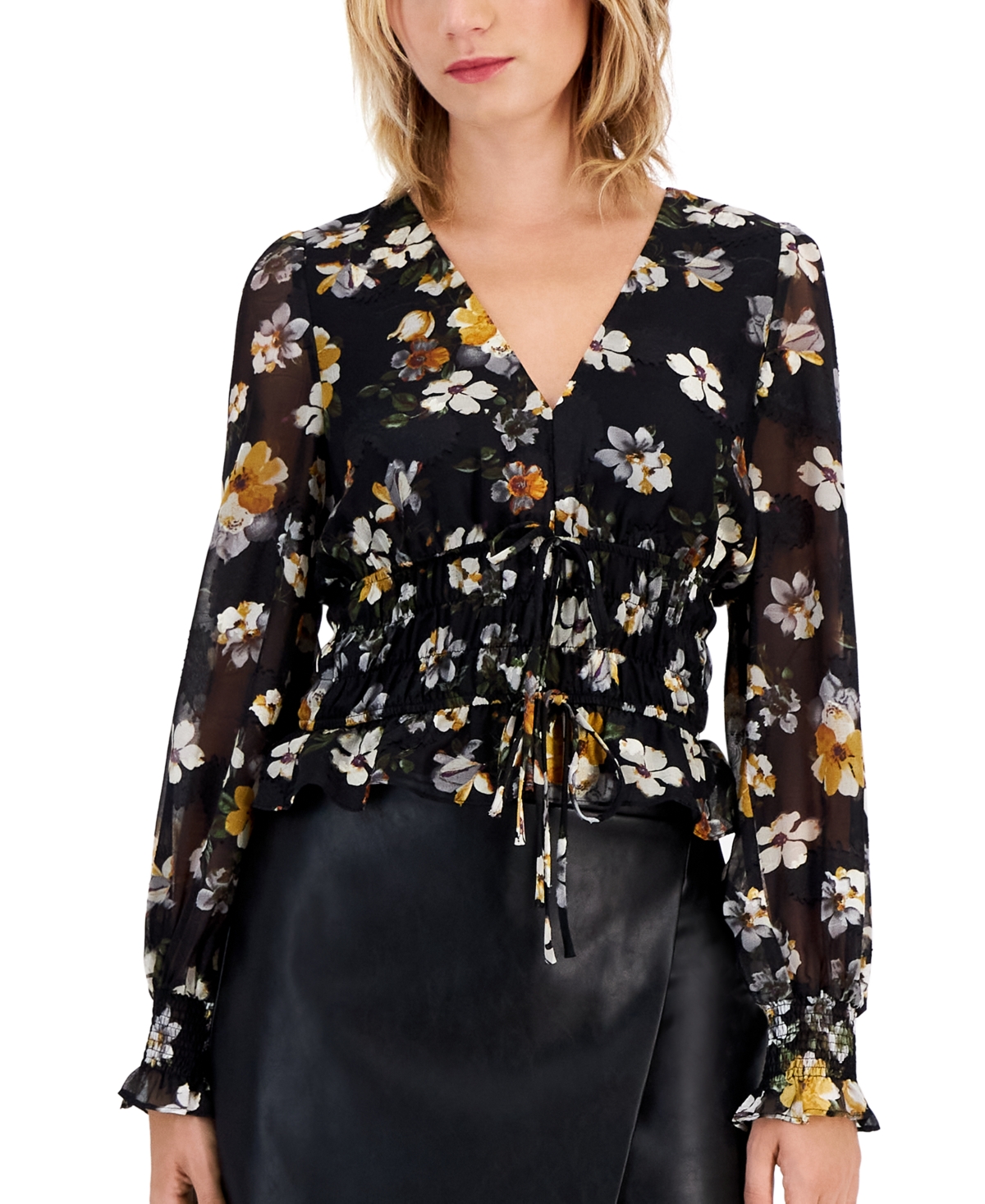 Women's Floral-Print Smocked-Waist Tie-Front Sheer-Sleeve Blouse - Black Floral