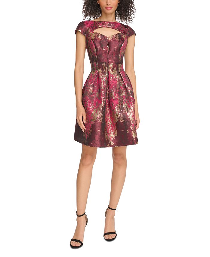 Vince Camuto Petite Cutout Fit Flare Metallic Jacquard Dress