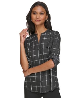 Calvin Klein - Women's Printed Roll-Sleeve Blouse