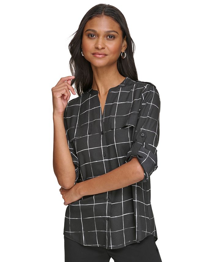 Calvin Klein Women s Printed Roll Sleeve Blouse Macy s