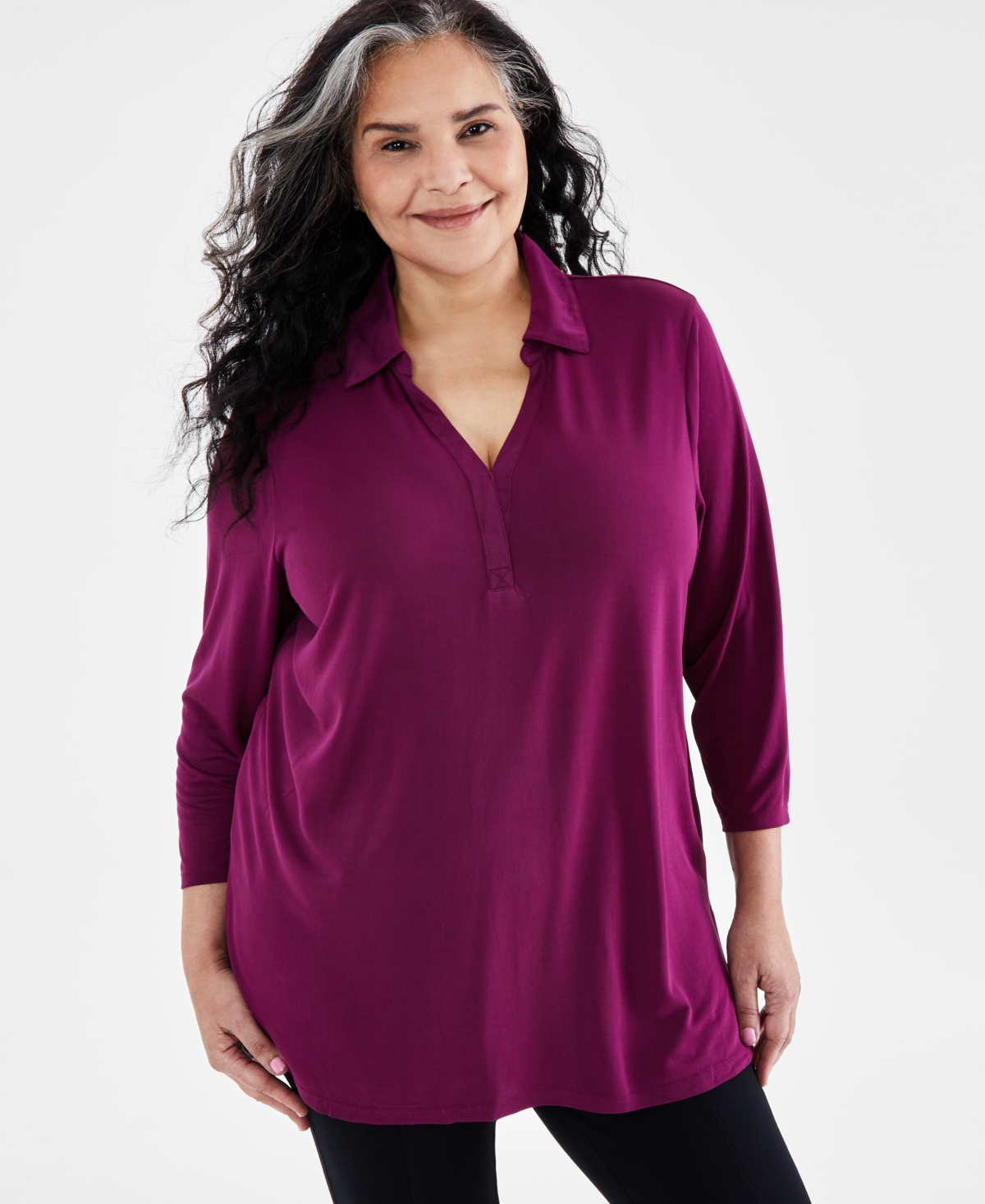 STYLE & CO PLUS SIZE JOHNNY-COLLAR KNIT TUNIC TOP, CREATED FOR MACY'S